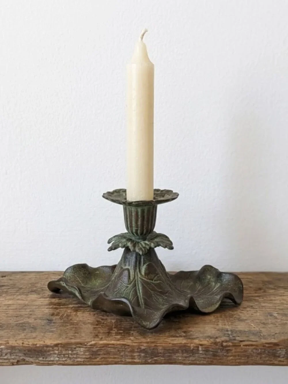 Vintage Cast Brass Taper Candle Holder Floral Leaf Verdigris Green Bronze Dish